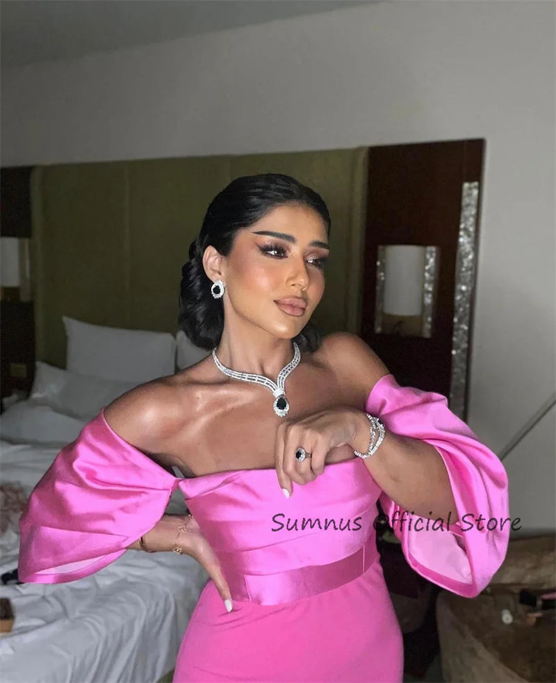 SUMNUS Simple Off Shoulder Mermaid Evening Dresses Hot Pink Arabic Women Floor Length Prom Gowns Formal Party Dress فساتين سهرة