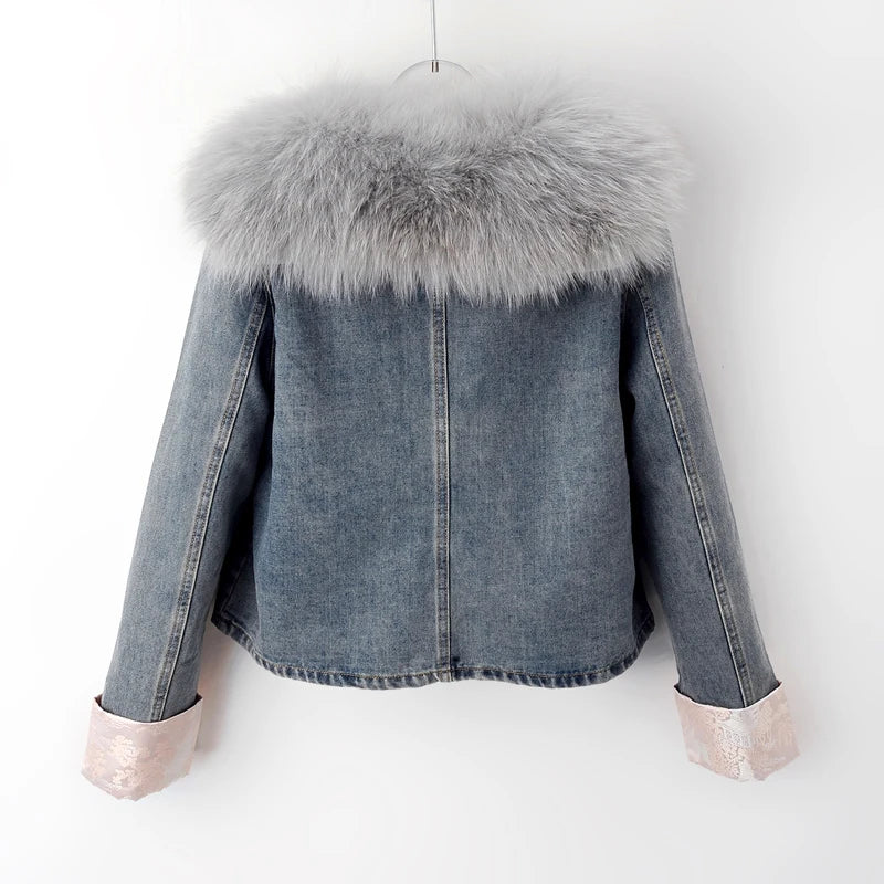 Maxy Natural Fox Fur Collar Rabbit Hair Liner Denim Jacket Women Cowboy Outwear Winter Thick Vintage Slim Short Jeans Jacket Female