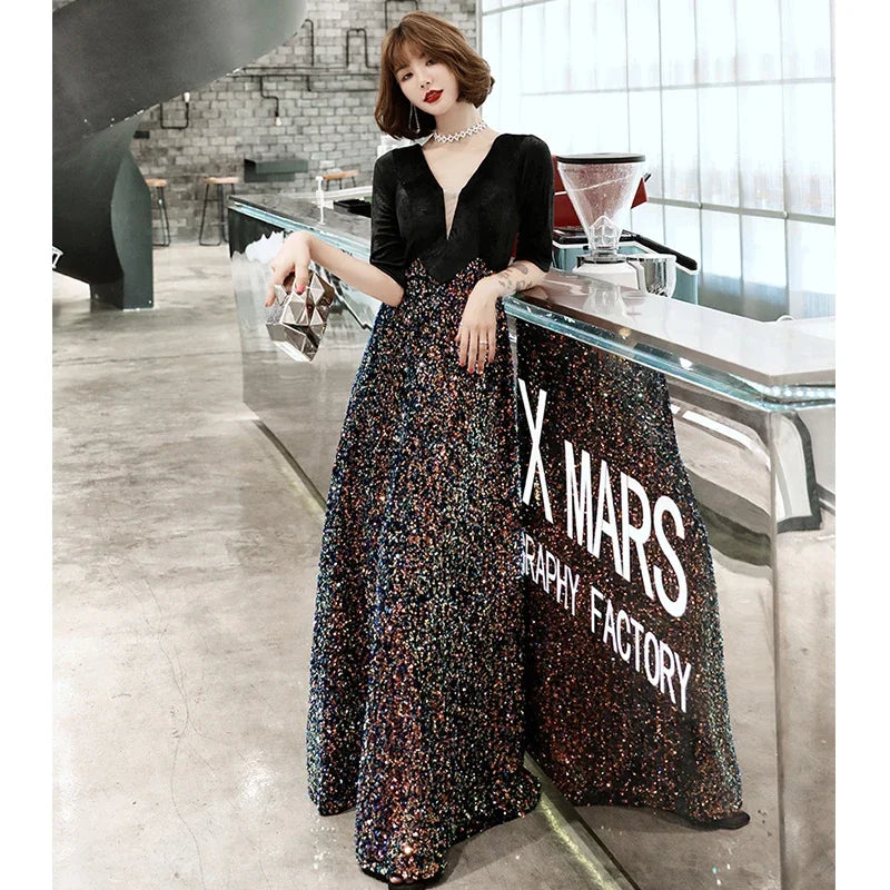 Babs Evening Gown Black Velour Sequins Patchwork V-Neck Evening Dresses Half Sleeve Zipper Plus Size Women Party Formal Dress K324