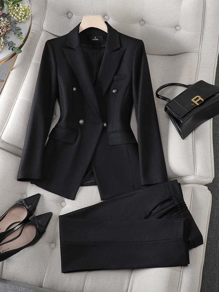 Maxy Gray Black Blue White Women's Pant Suit Long Sleeve Solid Ladies Blazer and Trouser Formal 2 Piece Set For Autumn Winter