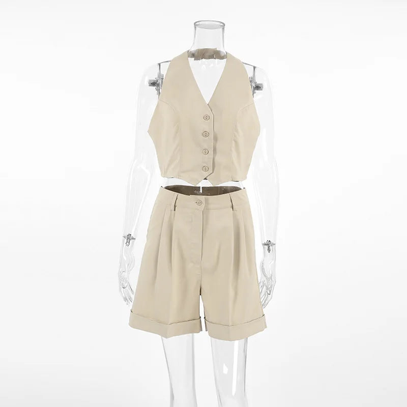 Maxy Spring Summer Women Office Shorts Suit Set Solid Khaki Sleeveless Halter Outfit 2 Piece Matching Sets For Women