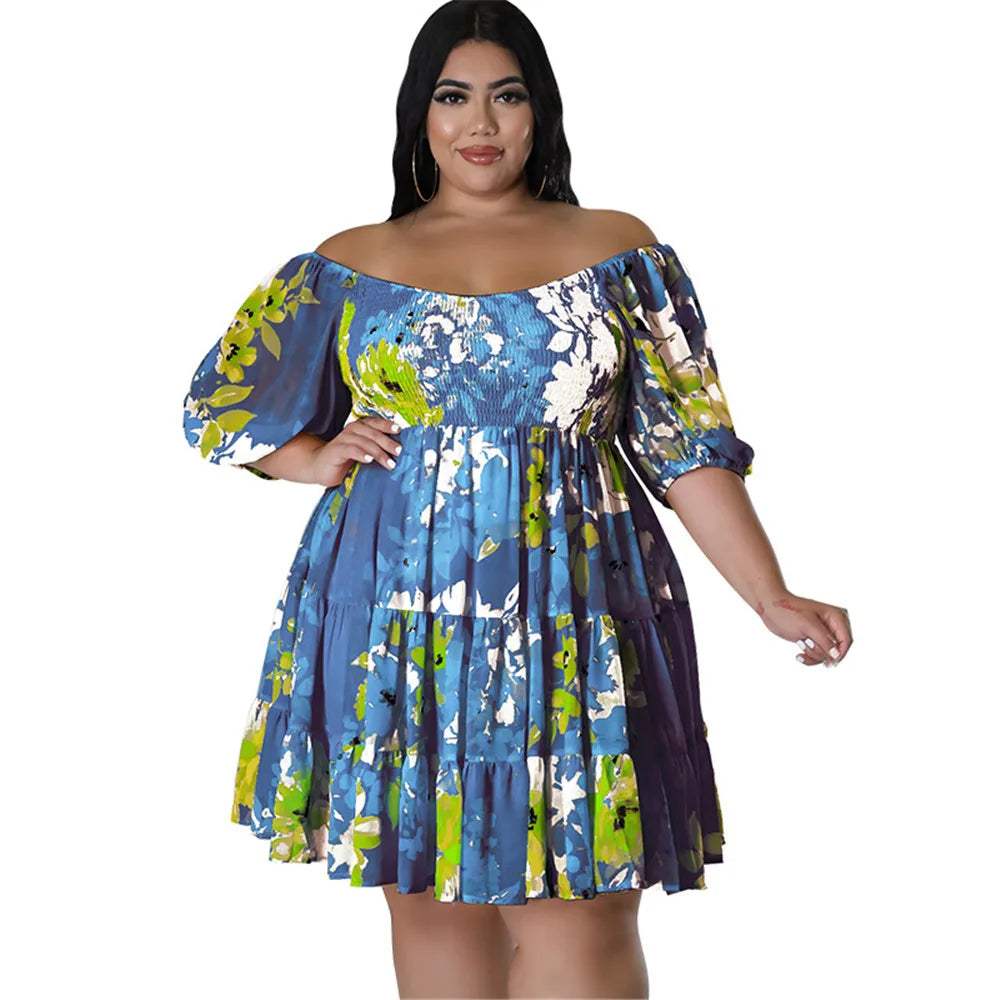 Maxy Plus Size Summer Dresses Women's Clothing Flower Printed One Shoulder Elegant Mini Dress Hot Sale