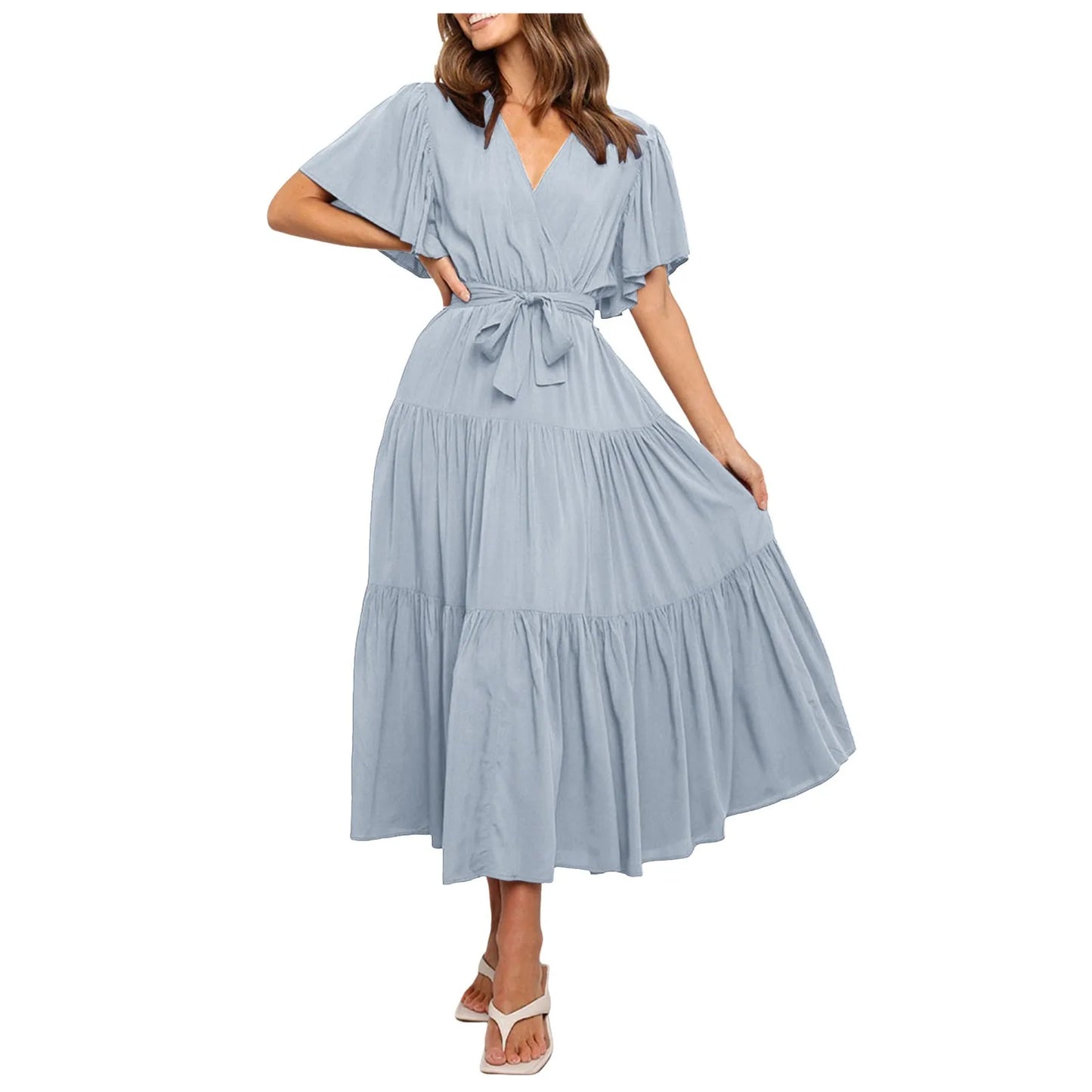 Women Chiffon Dress 2024 Summer Lace-Up Butterfly Sleeve Casual Ruffle V-Neck Fashion Party Vestidos Sexy Bohemian Robe Femme