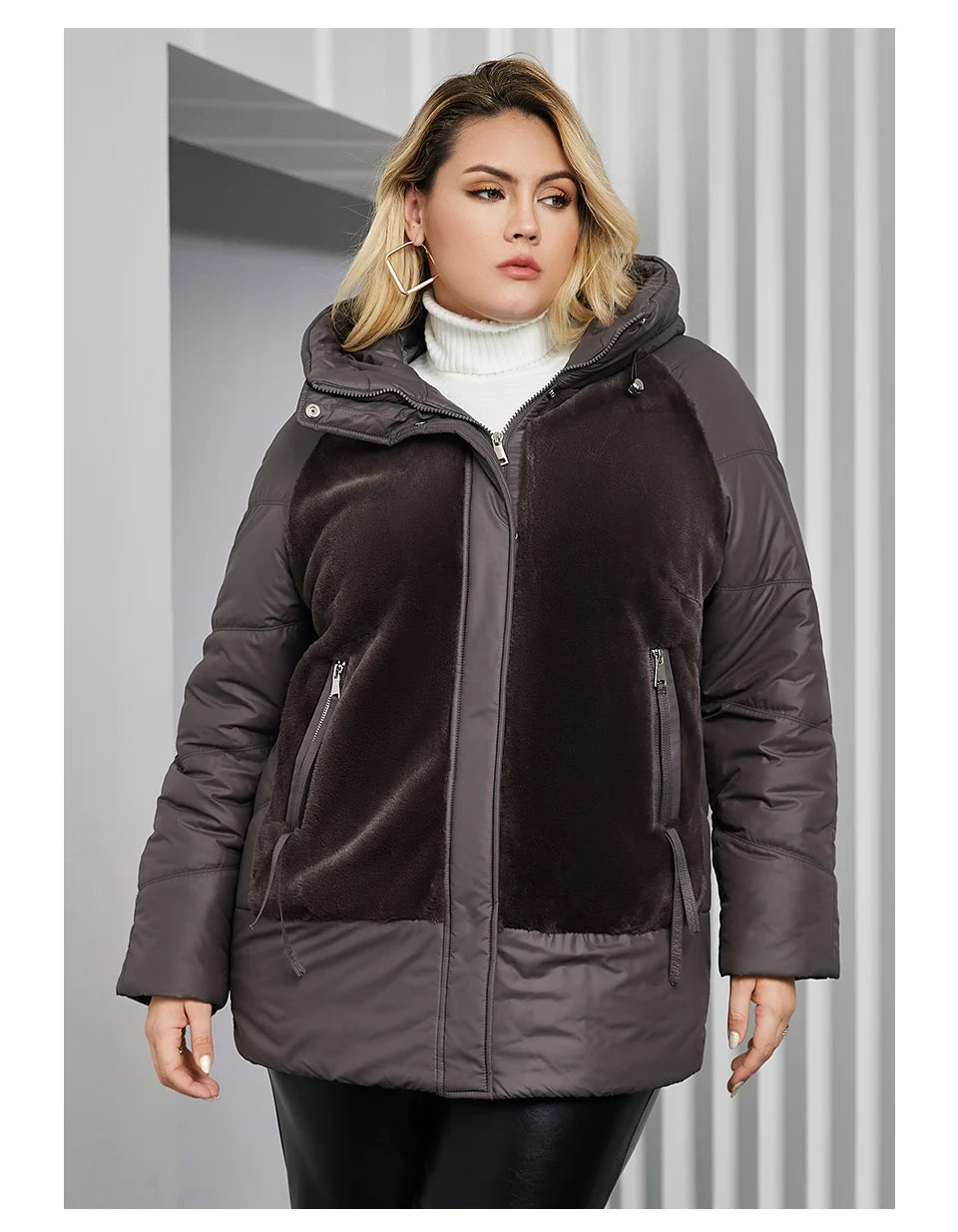 GACY Plus Size Winter Jacket Women Faux Fur Stitching High Quality Wool Warm Fashion Women's Parka Female Plush Coat Hooded