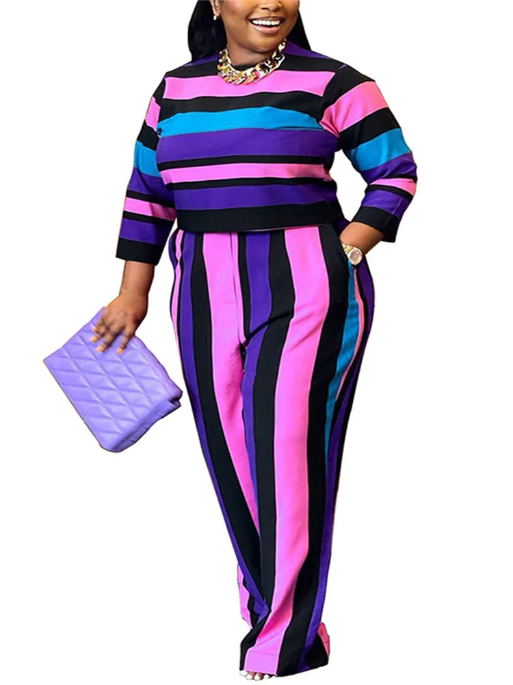 Maxy Plus Size Two Piece Women Clothing Long Sleeve Crop Top and Pants Sets Striped Matching Sets