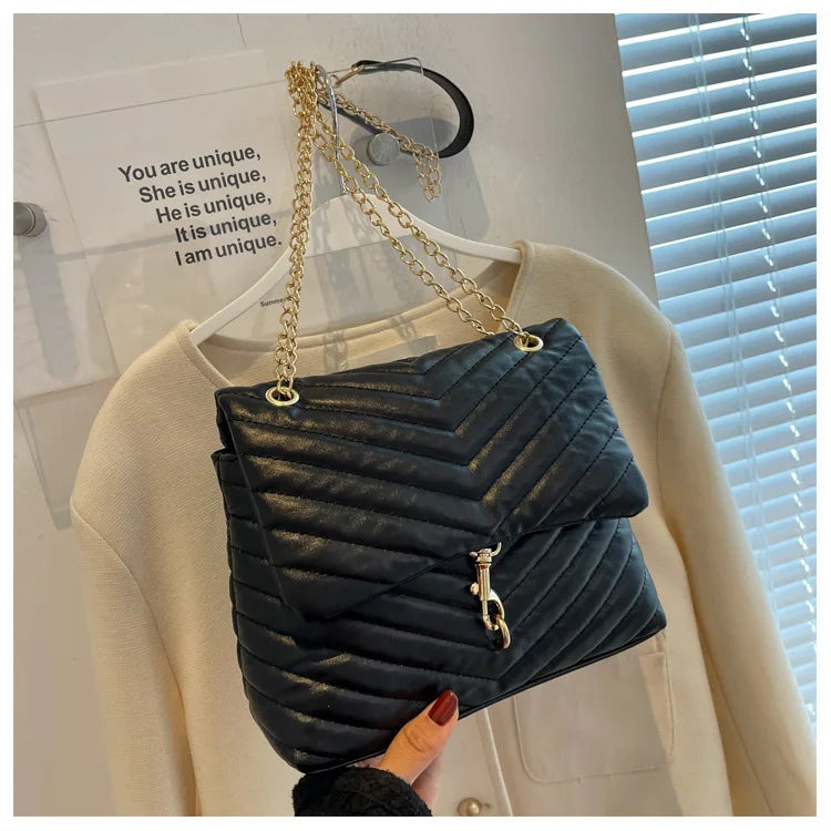 Maxy Casual Chain Crossbody Bags For Women Fashion Striped Shoulder Bag Large Capacity Flap Ladies Handbags