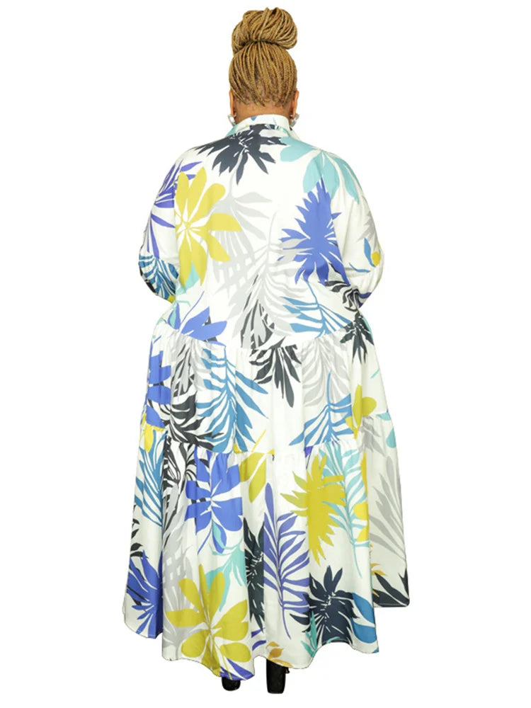 Maxy Plus Size Women Clothing Dresses Xl-5xl Flower Printed Long Sleeve Shirts Elegant Dress.