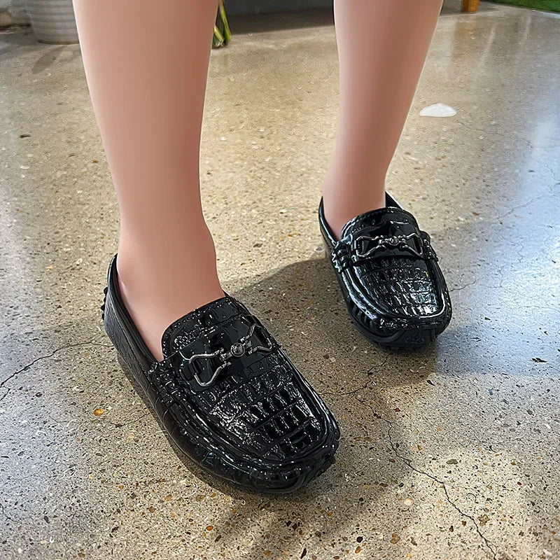 Visco Boys Leather Shoes Round-toe Flat Soft Kids Fashion Casual Loafers Glossy Metal Buckle Children Moccasins Non-slip Britain Style