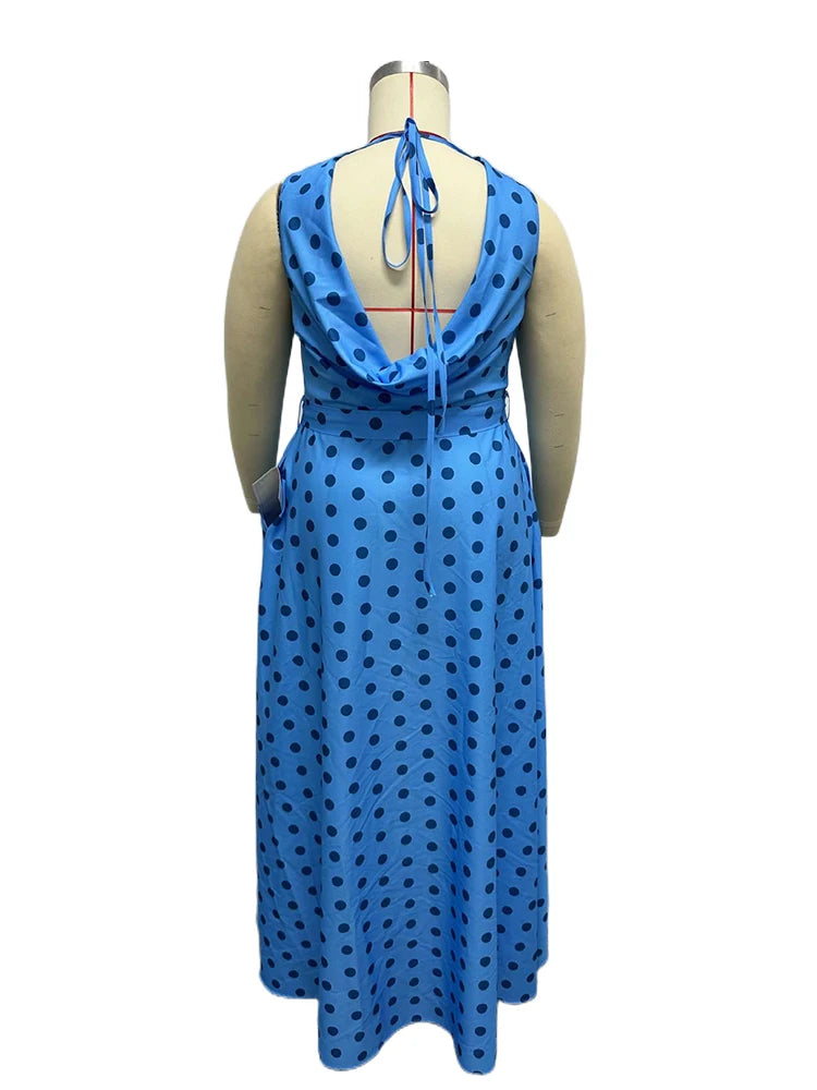 Babs Long Dress Women Summer Pleated Collar Backless Sexy Blue Dress Sleeveless Printed Maxi Dress Plus Size Wholesale Dropshipping