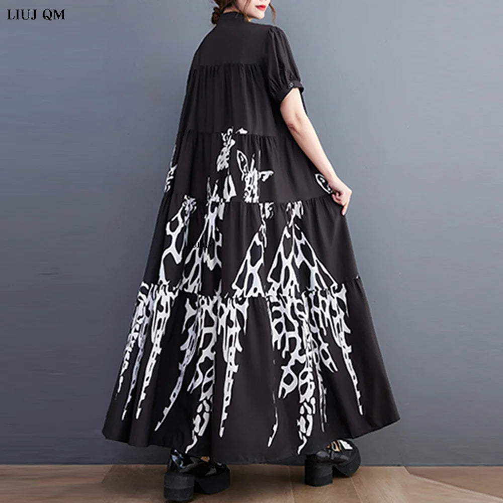 Maxy New Korean Style Woman Summer Graffiti Printed Long Black Large Shirt Dress Plus Size Loose Fit Tide Casual Robe Femme