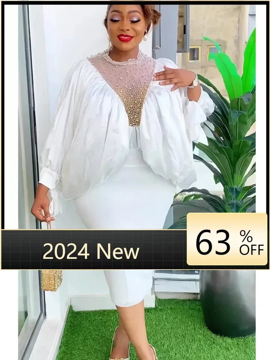 White Dresses For Women 2024 Dubai African Abayas Kaftans Long Sleeve Party Gown Turkey Wedding Boubou Ankara Robe Clothing