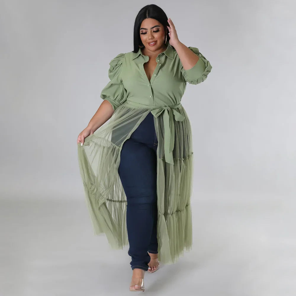 Babs Elegant Plus Size Women Big Swing Shirt Dress Sexy Mesh Patchwork Long Sleeve Single Breasted with Sashes Casual Dresses