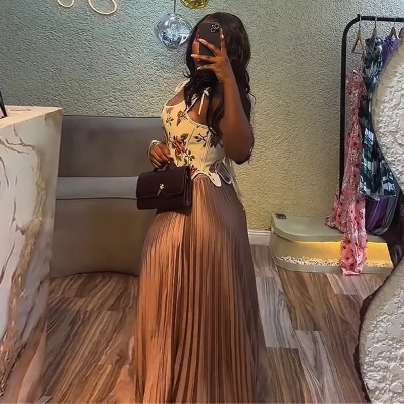 Maxy CM.YAYA Women's Set Floral Print Waist-cinching Vest +Pleated Long Skirts Suit 2025 Party Evening Street Two 2 Piece Set Outfit