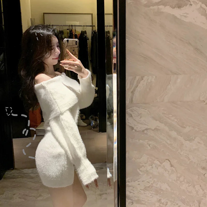 Babs New Sweater Dress Women Pullover Solid Color Korean Fashion Sexy Off Shoulder Bodycon Mini Robe Femme