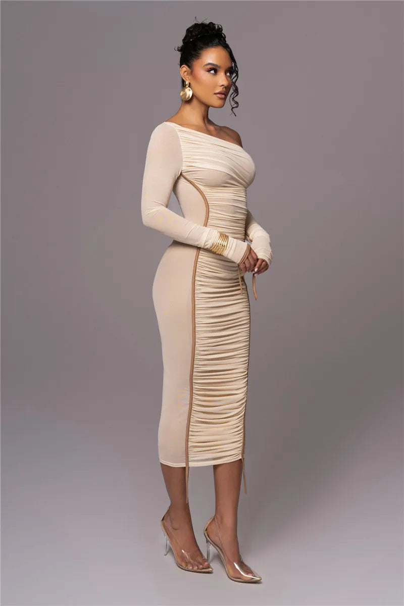 Maxy Diagonal Collar Long Sleeve Midi Dress for Women Two Layer Mesh Backless Bodycon Club Party Sexy Long Dress