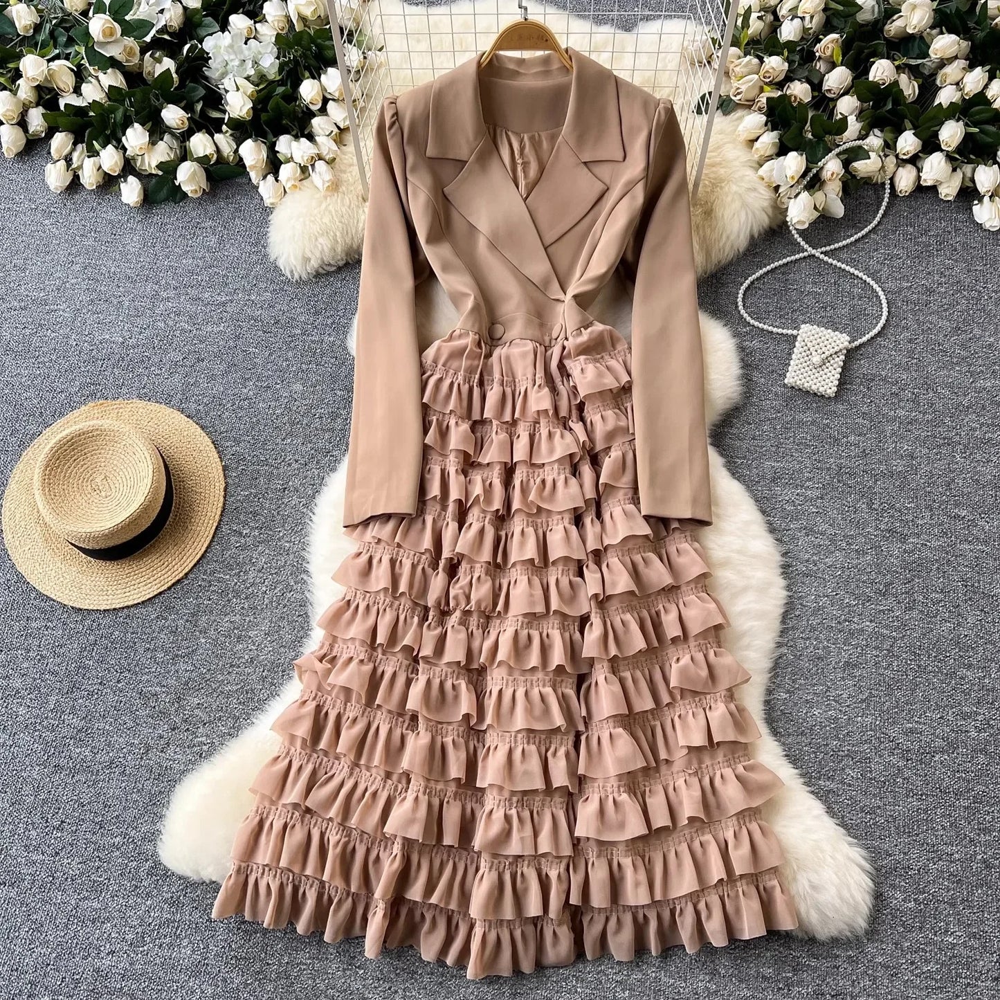 Zay Women Vintage Evening Party Dress Spring Autumn Lapel Long Sleeve Patchwork Mesh Layered Dresses Ladies Elegant Long Robe