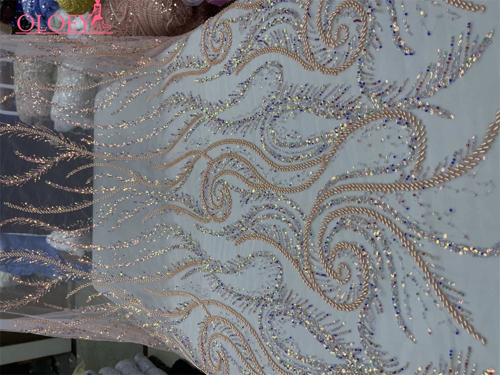 Macy Fashion Elegant French Embroidery Beaded Lace Fabric African Nigerian with Sequins Fabric For Wedding Dress