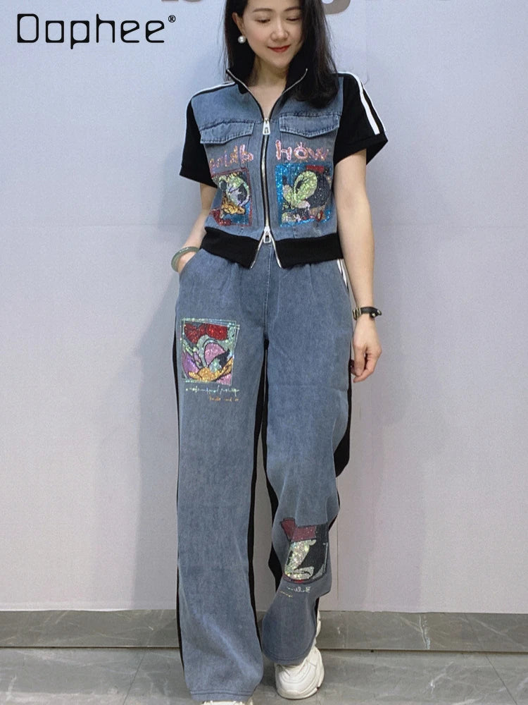 Maxy Short Zipper Cardigan and Pant Two-piece Sets Women Summer Fashion Sportswear Short Sleeve Top Long Pants Hot Diamond Denim Suit
