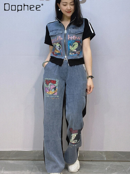 Maxy Short Zipper Cardigan and Pant Two-piece Sets Women Summer Fashion Sportswear Short Sleeve Top Long Pants Hot Diamond Denim Suit