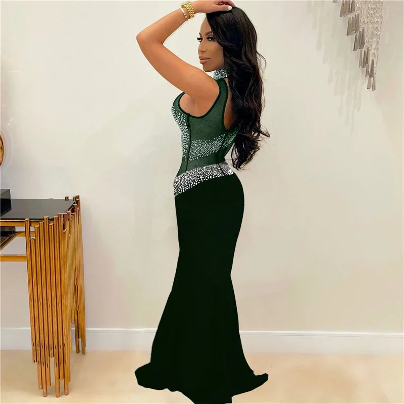 Sexy Babs Crystal Rhinestone Bodycon Dress Women Wedding Evening One Sleeve Mesh See Through Patchwork Night Party Club Dresses