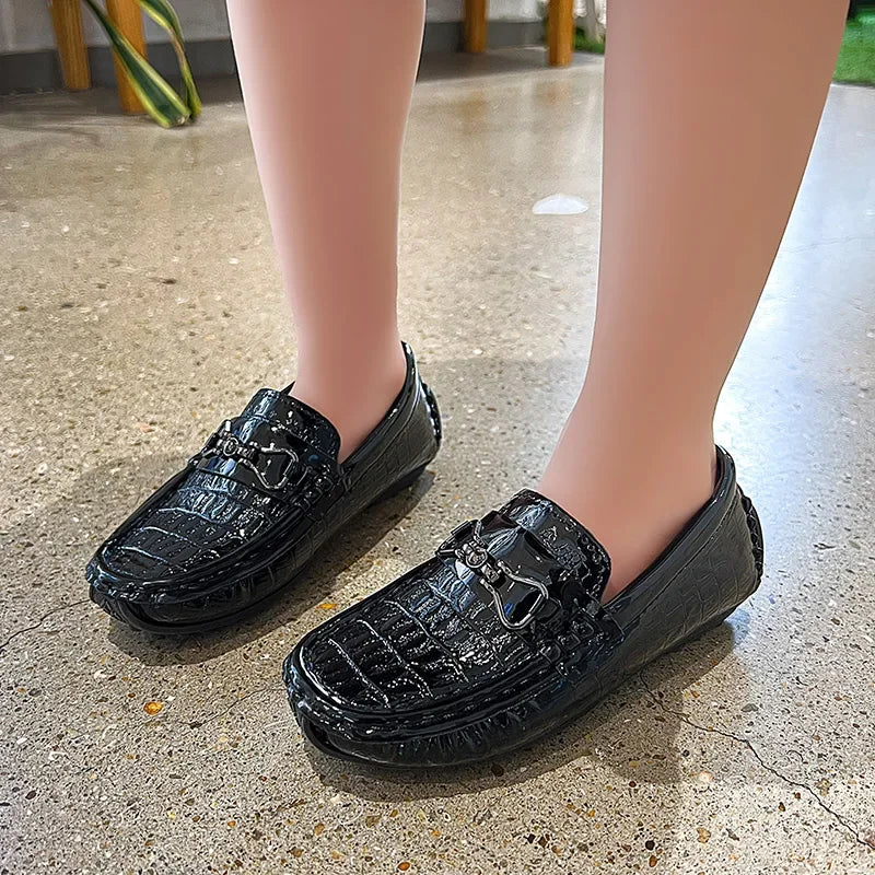 Visco Boys Leather Shoes Round-toe Flat Soft Kids Fashion Casual Loafers Glossy Metal Buckle Children Moccasins Non-slip Britain Style