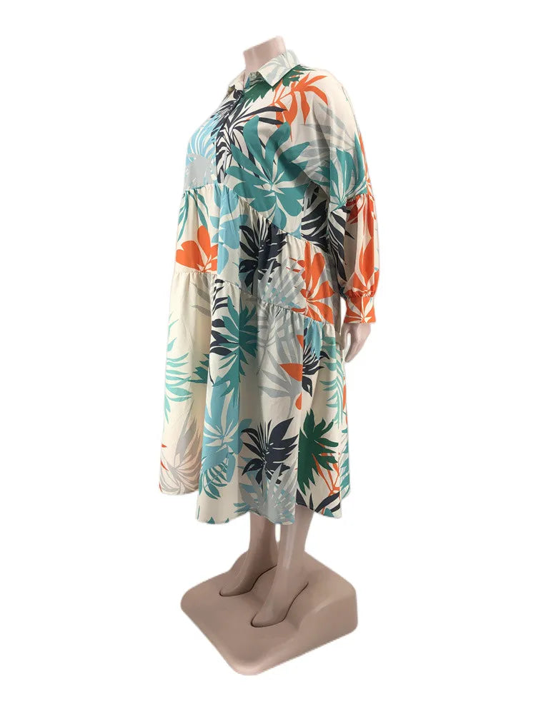 Maxy Plus Size Women Clothing Dresses Xl-5xl Flower Printed Long Sleeve Shirts Elegant Dress.