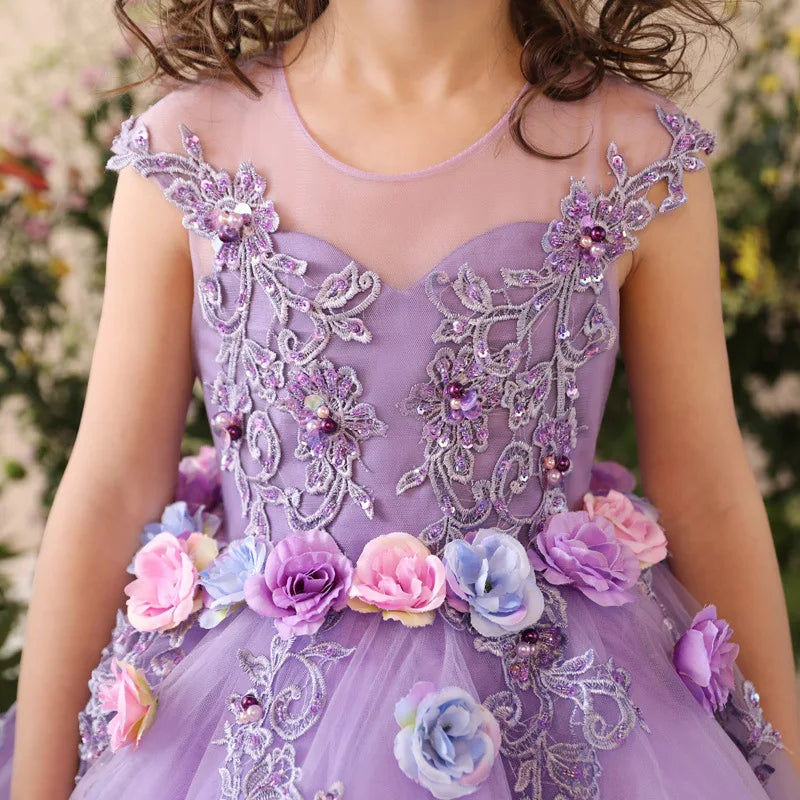 Macy Princess Kid Girls Prom Elegant Dress Tulle robe de Princess Tutu Piano Costume Purple Birthday Party Christmas Easter Host Dress Clothes