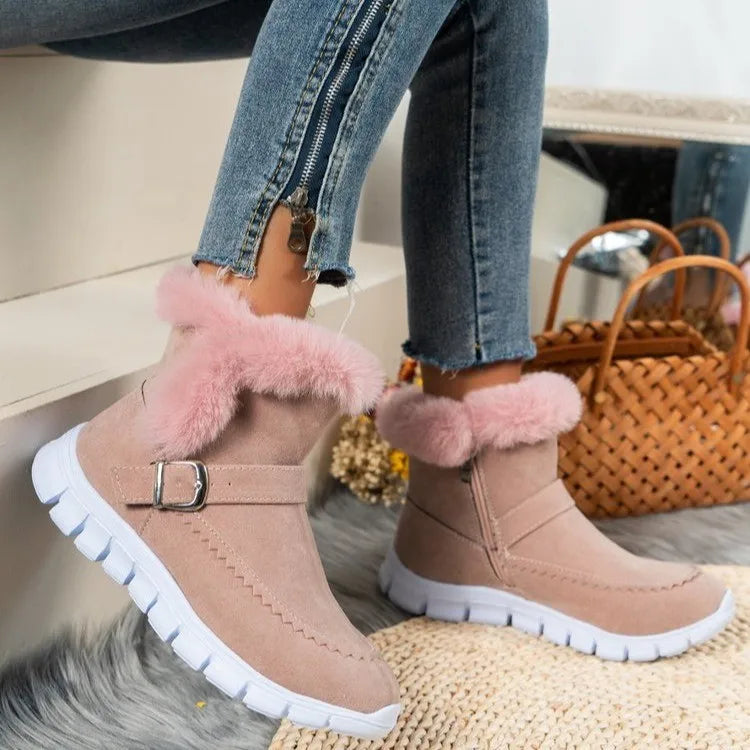 Maxy Winter Women Fur Warm Chelsea Snow Boots Casual Shoes New Short Plush Suede Ankle Boots Flats Gladiator Sport Ladies Botas Mujer