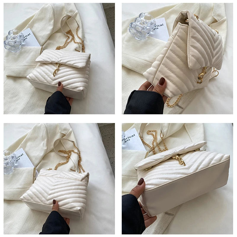 Maxy Casual Chain Crossbody Bags For Women Fashion Striped Shoulder Bag Large Capacity Flap Ladies Handbags