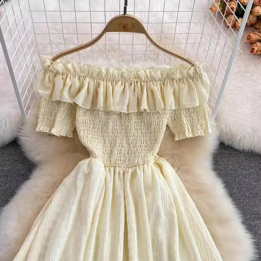 Maxy Fashion Ruffled Off Shoulders Party Dress Women Summer Short Sleeve Vacation Chiffon Dress Beach Vestidos