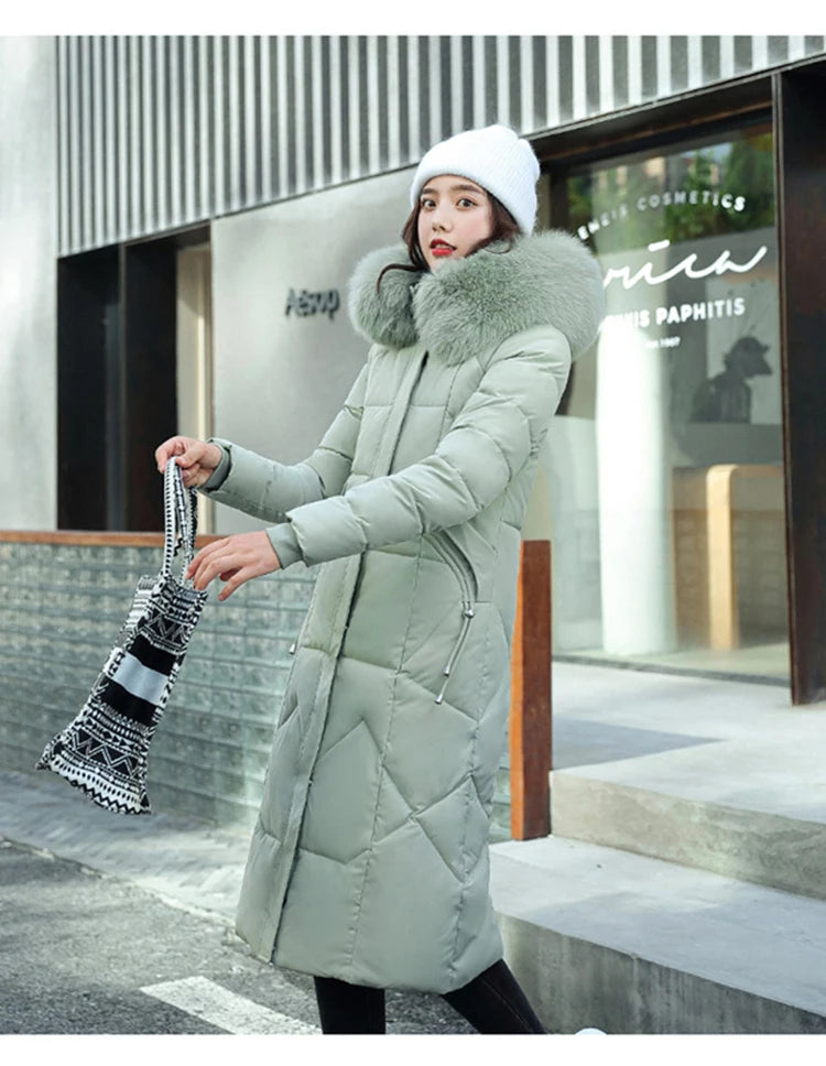 New Korean Gracy Down Cotton Coat Women Long Winter Puffer Parkas Thicken Warm Hooded Cotton-Padded Jacket Coat Zipper Overcoat