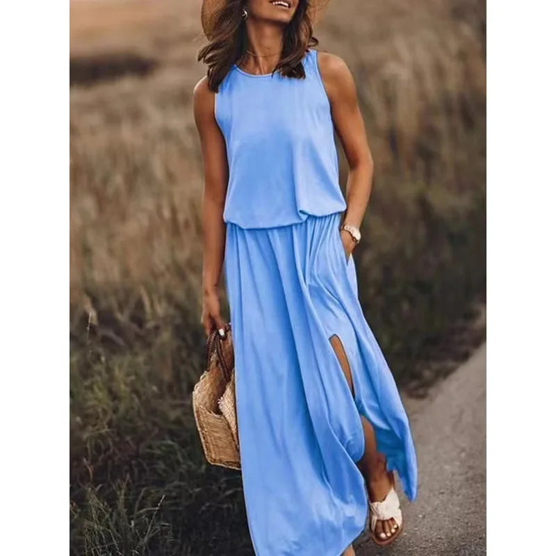 Babs Summer Women's Long Dress Black Oversize O-neck Sleeveless Elegant Office Dresses Female Trendy Casual Fashion Clothes Lady