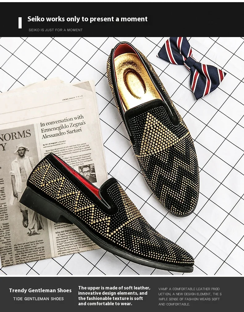 Maxy Fashion Italian handmade rhinestone leather shoes men's casual foot set slip-on leather hair stylist bean shoes fashion