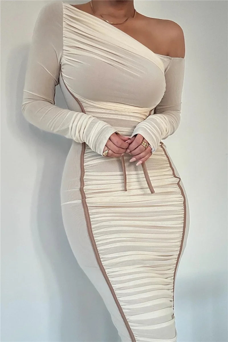 Maxy Diagonal Collar Long Sleeve Midi Dress for Women Two Layer Mesh Backless Bodycon Club Party Sexy Long Dress