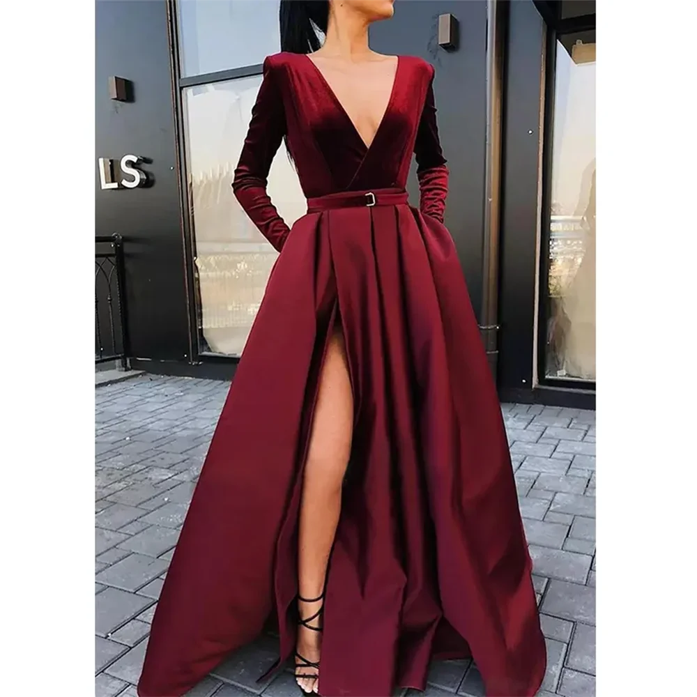 Babs Simple Satin Long Gown Elegant Ladies Dress Party Dresses A-Line Deep V-Neck Slit Full-length Evening Club Maxy High Waist Dress