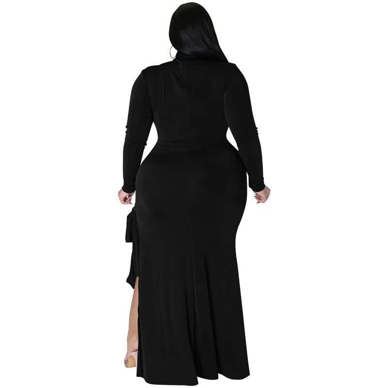 Maxy Plus Size Fall Clothing Women Long Sleeve Fashion High Slit Split Sexy Hollow Out Long Maxy Dress