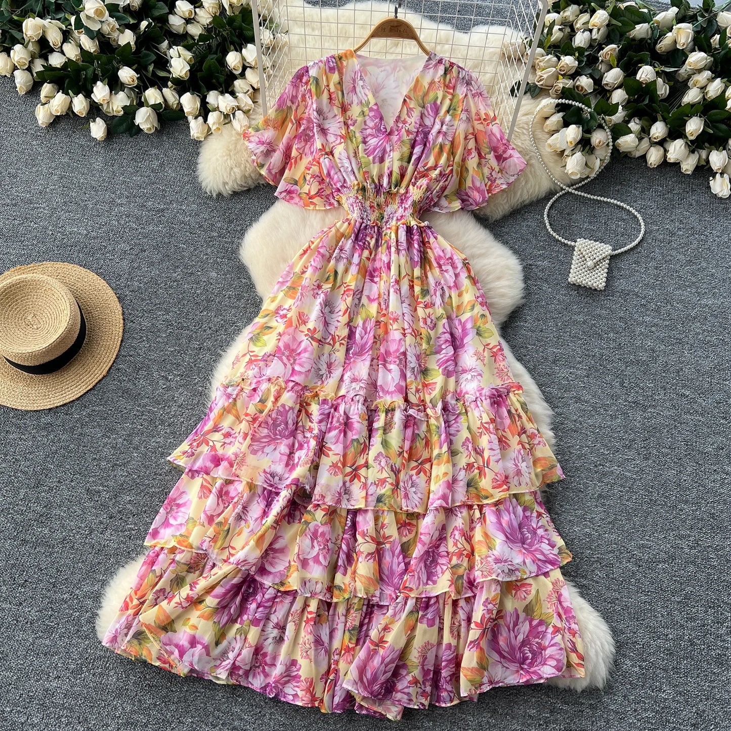 Maxy v neck Butterfly sleeve print elegant summer Dress A-line Flare Sleeve Vacation print Women dresses