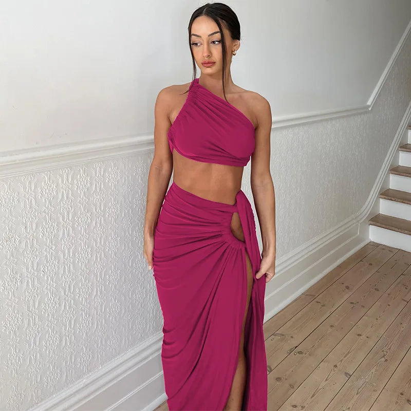 Maxy Hollow Out Sexy Two-Piece Set Women One Shoulder Crop Top and Skirt Matching Sets Femme Bodycon Skirt Sets