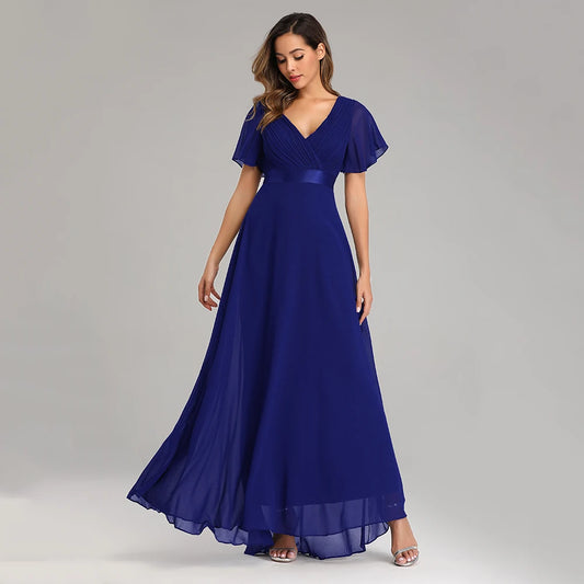 Maxy Evening Dresses XUCTHHC Elegant V-Neck Ruffles Chiffon Formal Evening Gown Robe Dress for Wedding Party