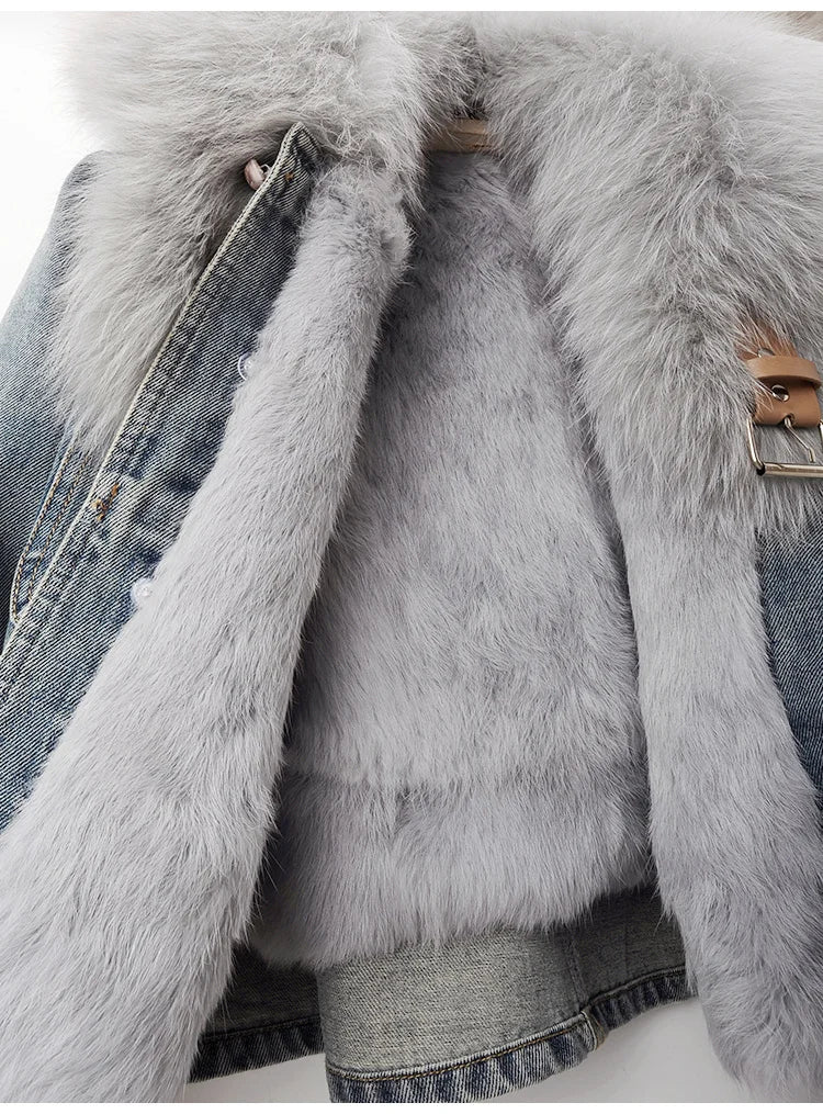 Maxy Natural Fox Fur Collar Rabbit Hair Liner Denim Jacket Women Cowboy Outwear Winter Thick Vintage Slim Short Jeans Jacket Female