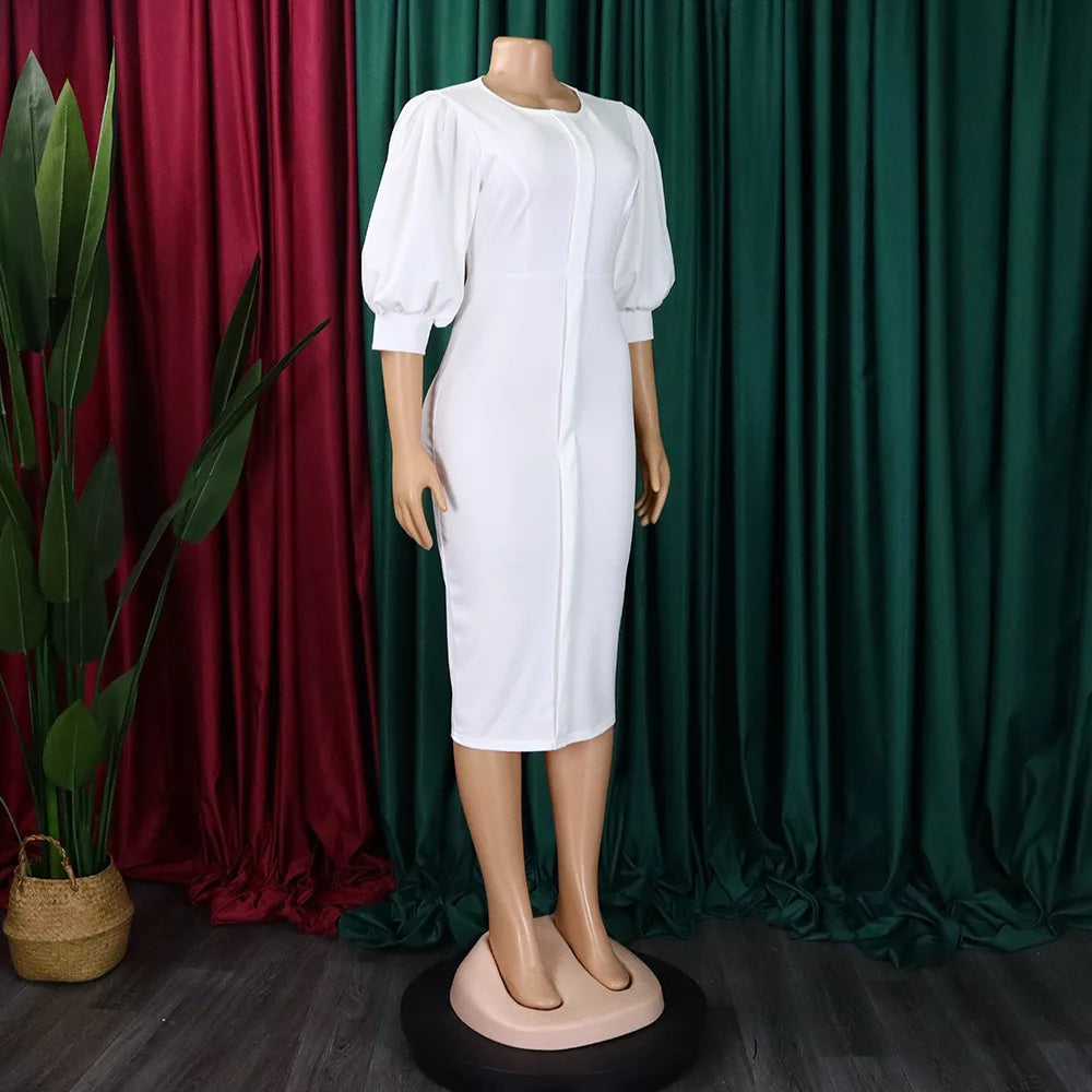 Babs Elegant Women Wear Office African Dress Summer Puff Sleeve Pencil Wrap Hip Midi Dress Africa Clothing White Robe Lady Party