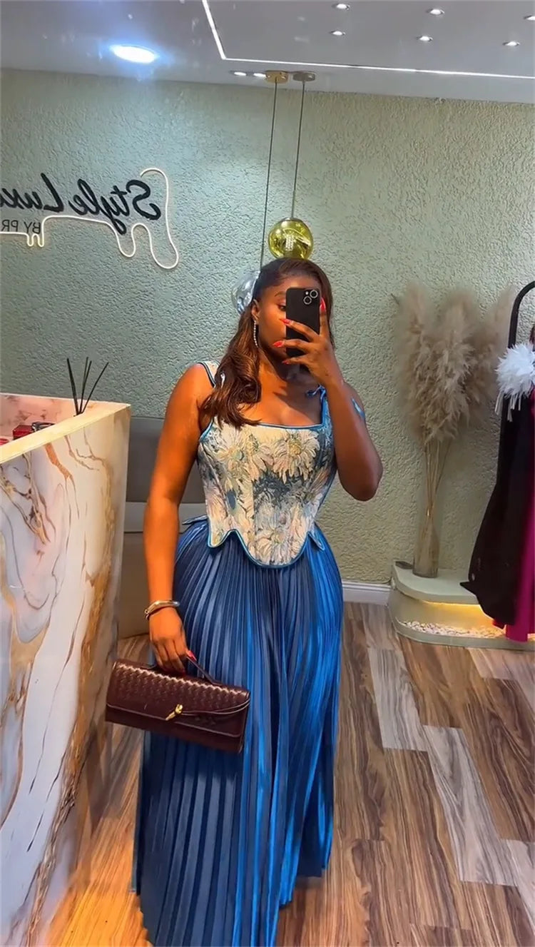 Maxy CM.YAYA Women's Set Floral Print Waist-cinching Vest +Pleated Long Skirts Suit 2025 Party Evening Street Two 2 Piece Set Outfit