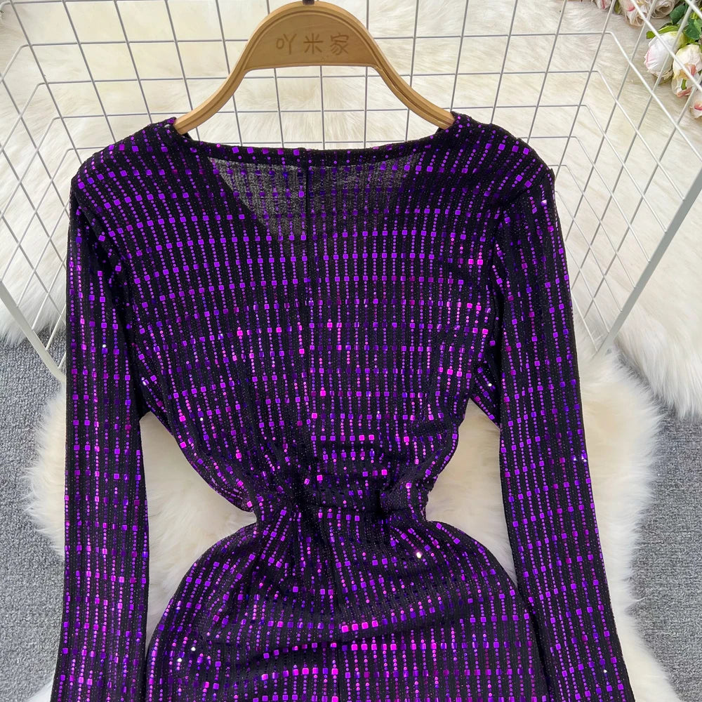 Babs Elegant Chic Y2K Women's Dress Long-sleeve V-neck Split Sequins Patchwork Hip Warp Dresses Autumn Winter