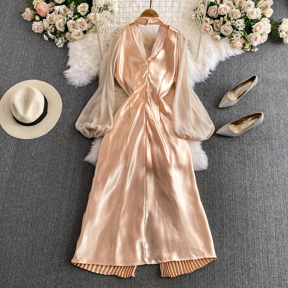 Amay Women's Temperament Puff Long Sleeve Hanging Neck Split Metal Pleated Dress Y2k Fashion Tide Spring Summer