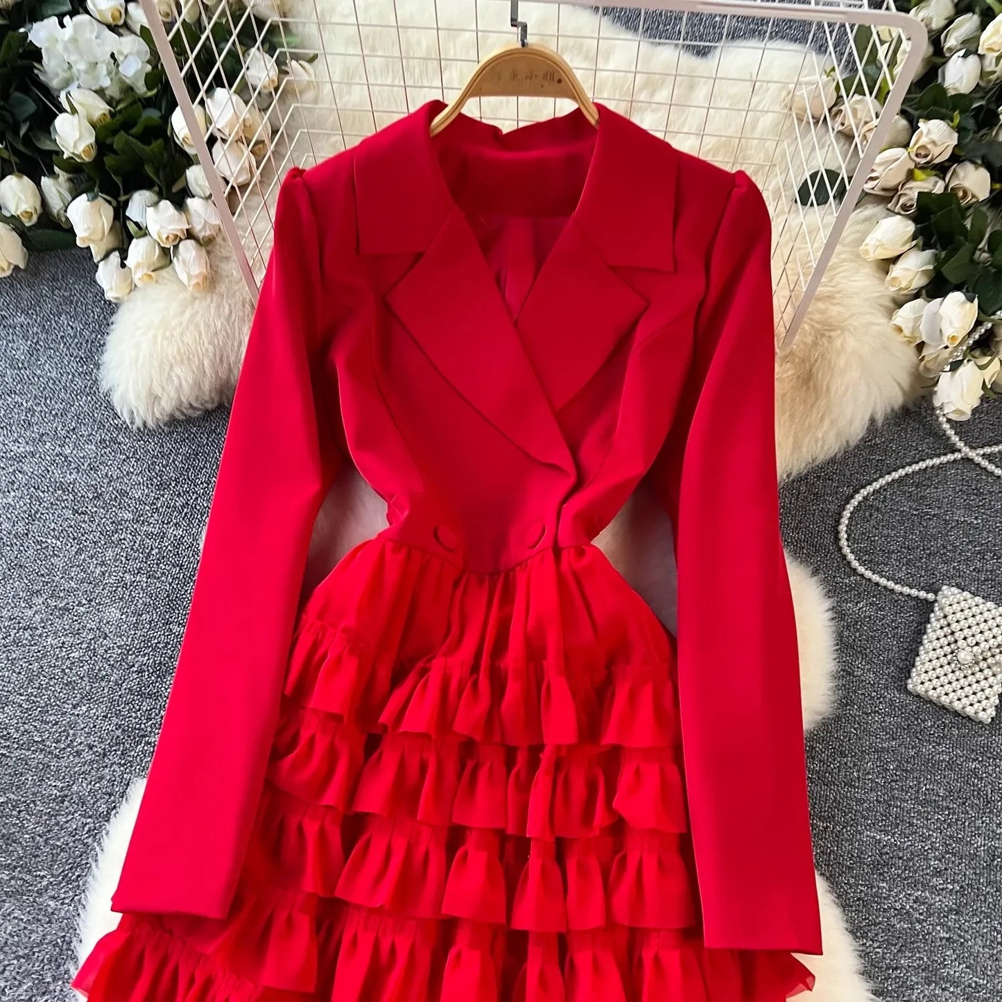 Zay Women Vintage Evening Party Dress Spring Autumn Lapel Long Sleeve Patchwork Mesh Layered Dresses Ladies Elegant Long Robe