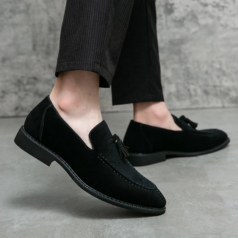 Visco Men's Loafers Brand Suede Leather Shoes Vintage Slip-on Classic Casual Men Driving Shoes Wedding Male Dress Shoes Tassel pointed