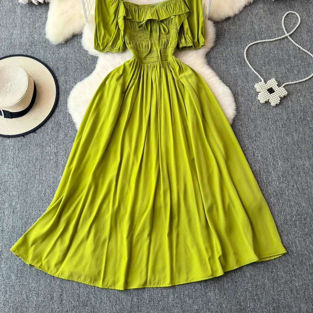 Babs Chic Elegant Square Collar Macy Dress Women Solid Short Puff Sleeve Dresses 2024 Korean Fashion Vintage Ruffle Vestidos