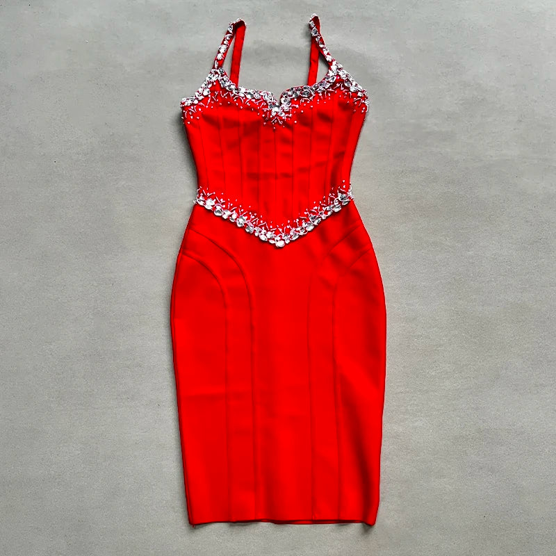 Babs Black Red Color Women Sleeveless Sexy V-Neck Bodycon Mini Bandage Dress Crystal Celebrate Nightclub Party Birthday Dress