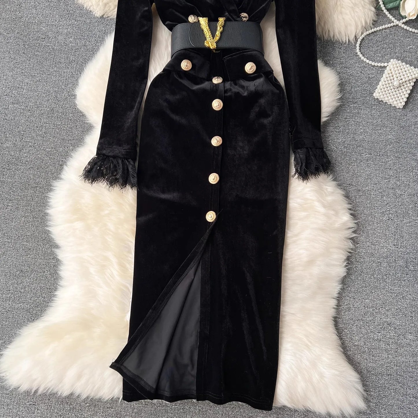 Babs Winter Luxury Velvet Dress Women Clothing Notched Lion Metal Buttons Split Letter Belt Thick Velour Long Party Vestidos