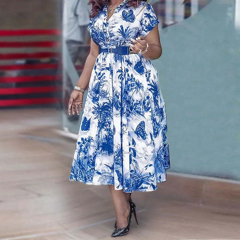 Amay Women Elegant Printed Party Dress Turn Down Collar Short Sleeve Pleated A-Line With Belt African Office Work Wear Plus Size 5XL